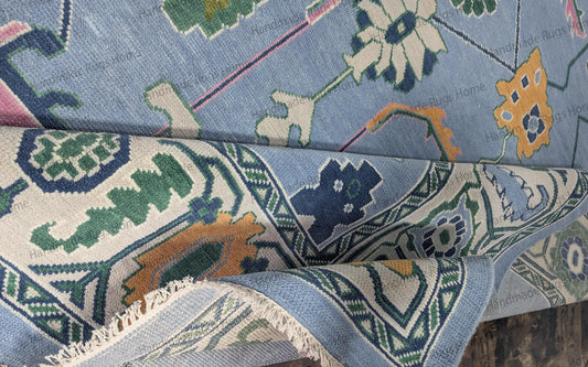 Hand Knotted Oushak Wool Rug: Sky Blue & Green Turkish Style