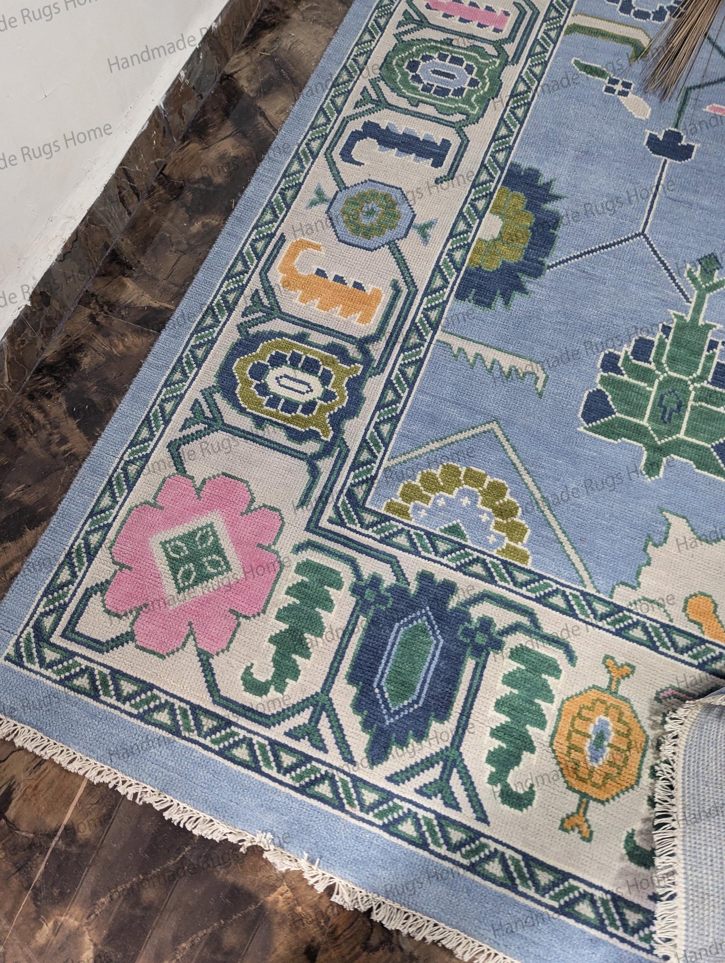Hand Knotted Oushak Wool Rug: Sky Blue & Green Turkish Style