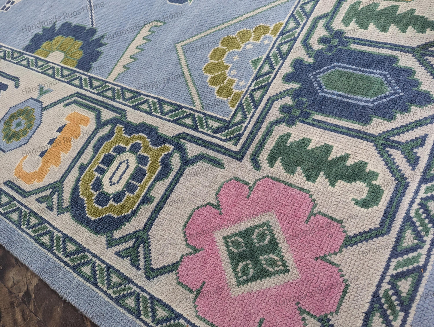 Hand Knotted Oushak Wool Rug: Sky Blue & Green Turkish Style