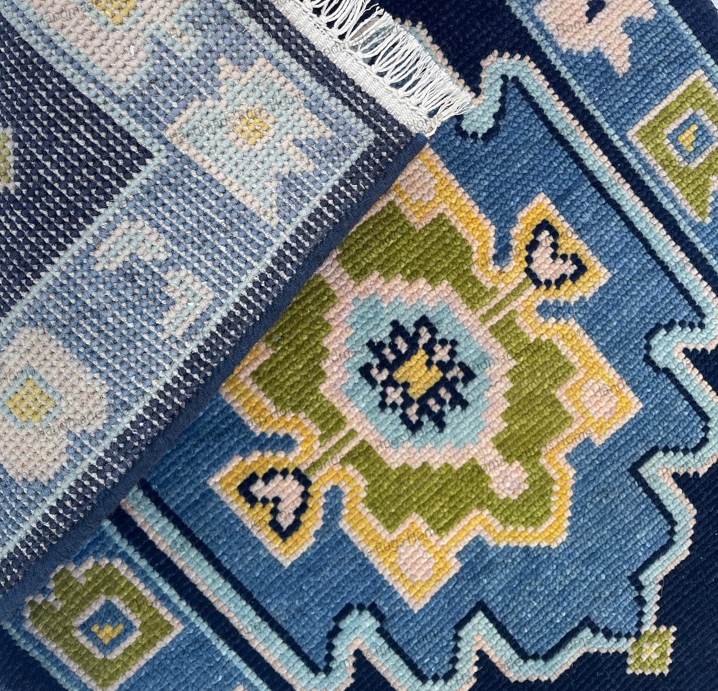 Hand Knotted Wool Runner Rug – Vintage Geometric Floral Muted Blue Carpet
