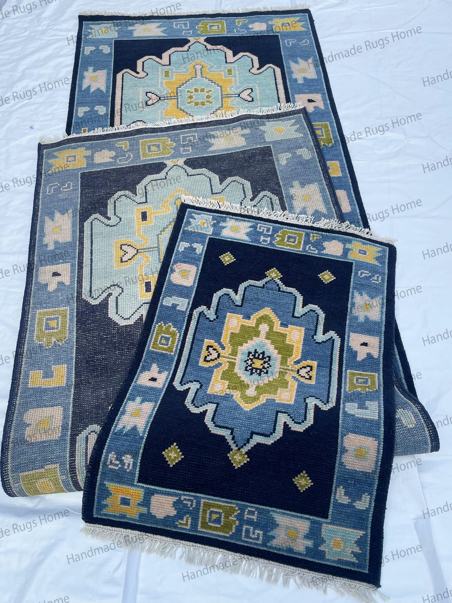 Hand Knotted Wool Runner Rug – Vintage Geometric Floral Muted Blue Carpet