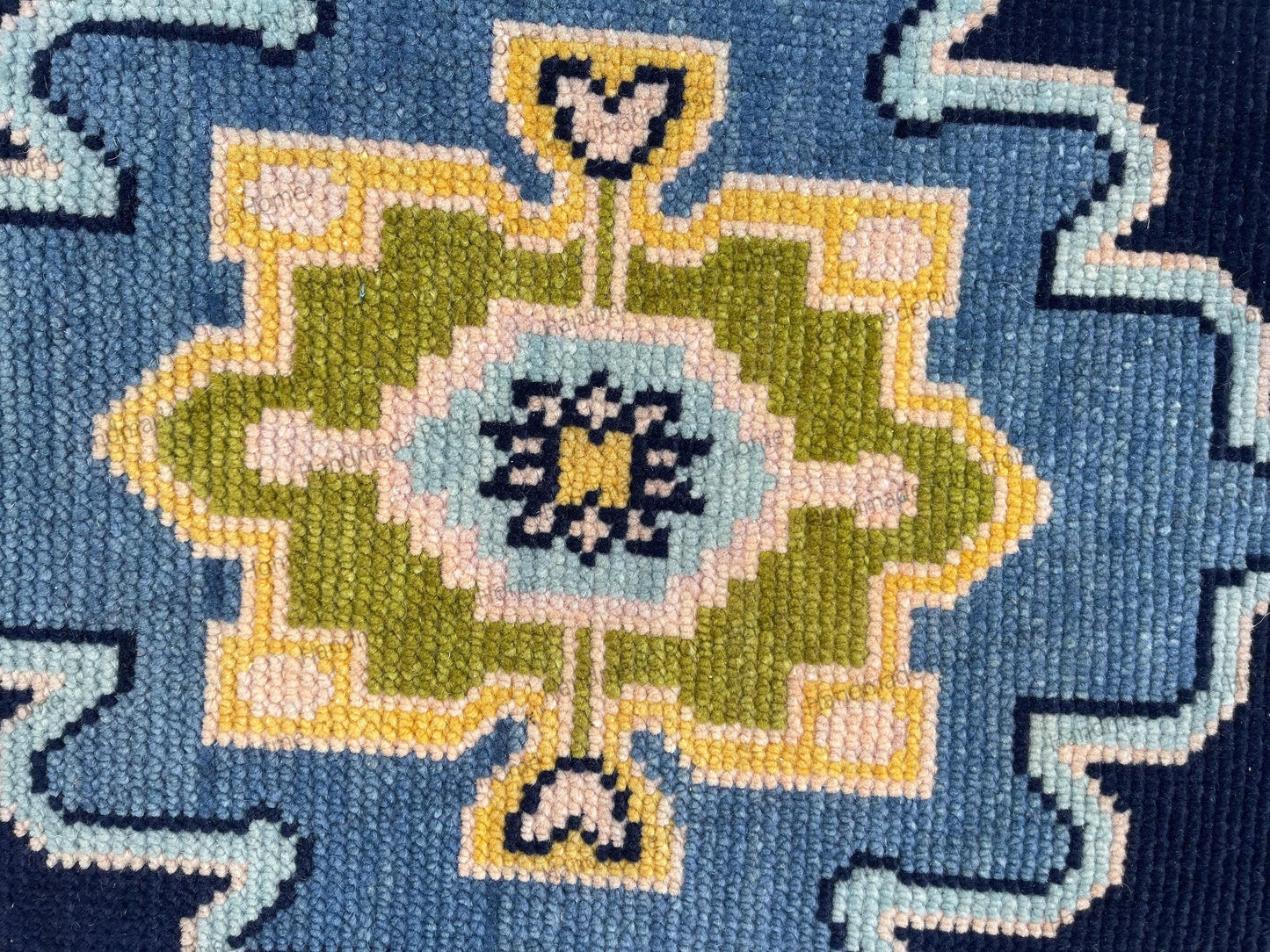Hand Knotted Wool Runner Rug – Vintage Geometric Floral Muted Blue Carpet