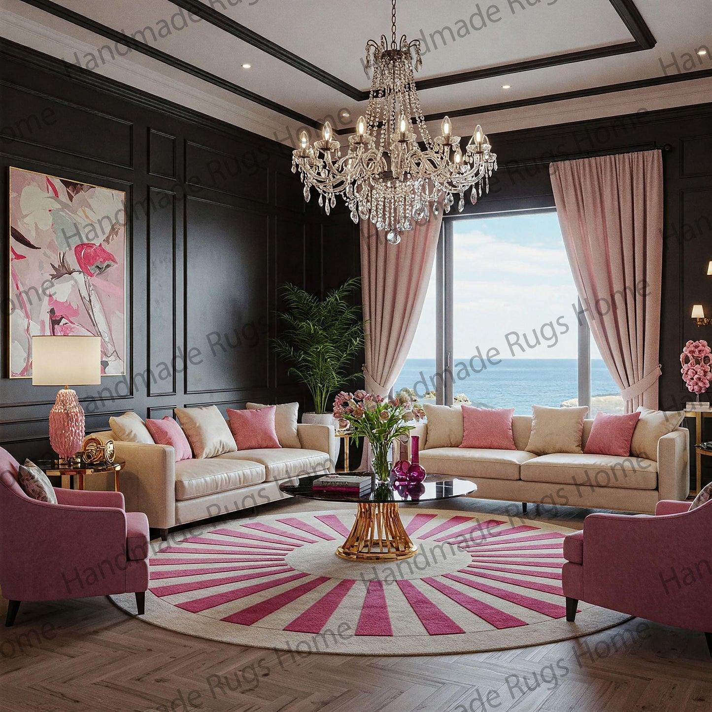Luxury pink and cream sunburst wool rug in a stylish living room