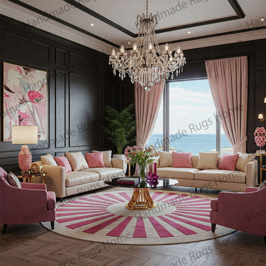 Luxury pink and cream sunburst wool rug in a stylish living room