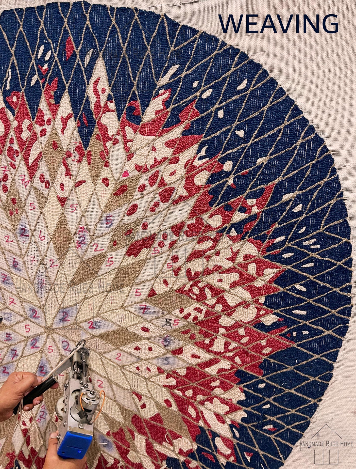 Hand Tufted Wool Rug, Round Red & Blue Geometric (Multiple Sizes)