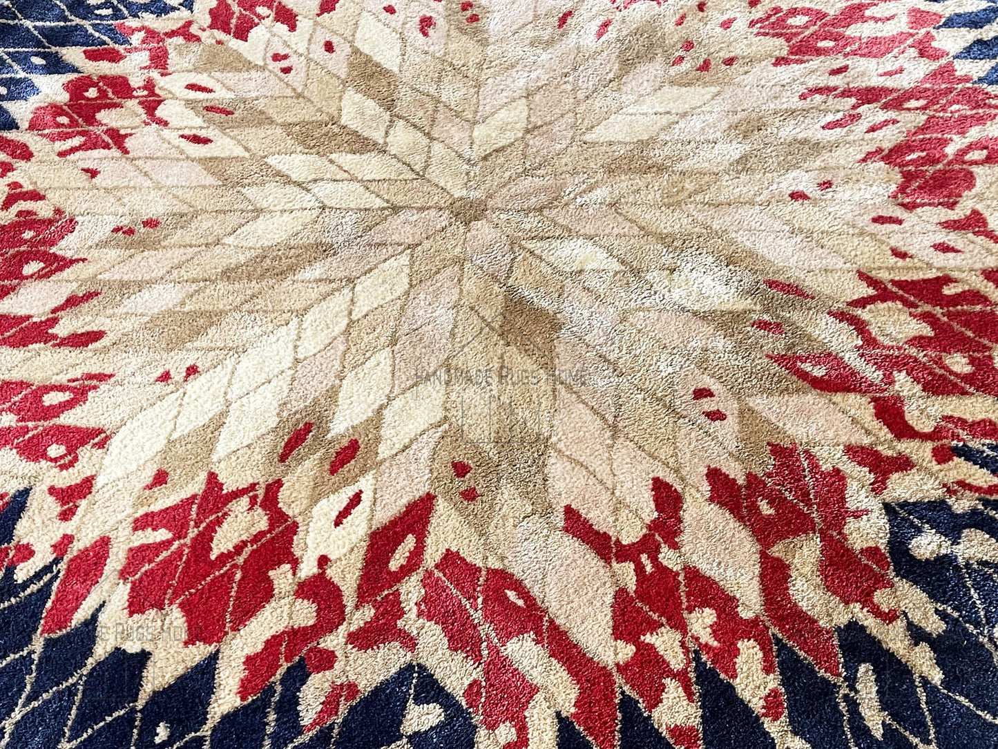 Hand Tufted Wool Rug, Round Red & Blue Geometric (Multiple Sizes)