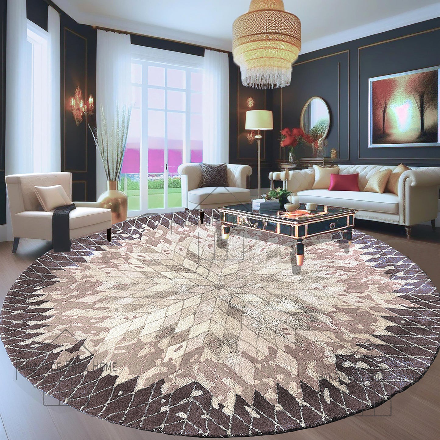 Hand Tufted Wool Rug, Round Red & Blue Geometric (Multiple Sizes)