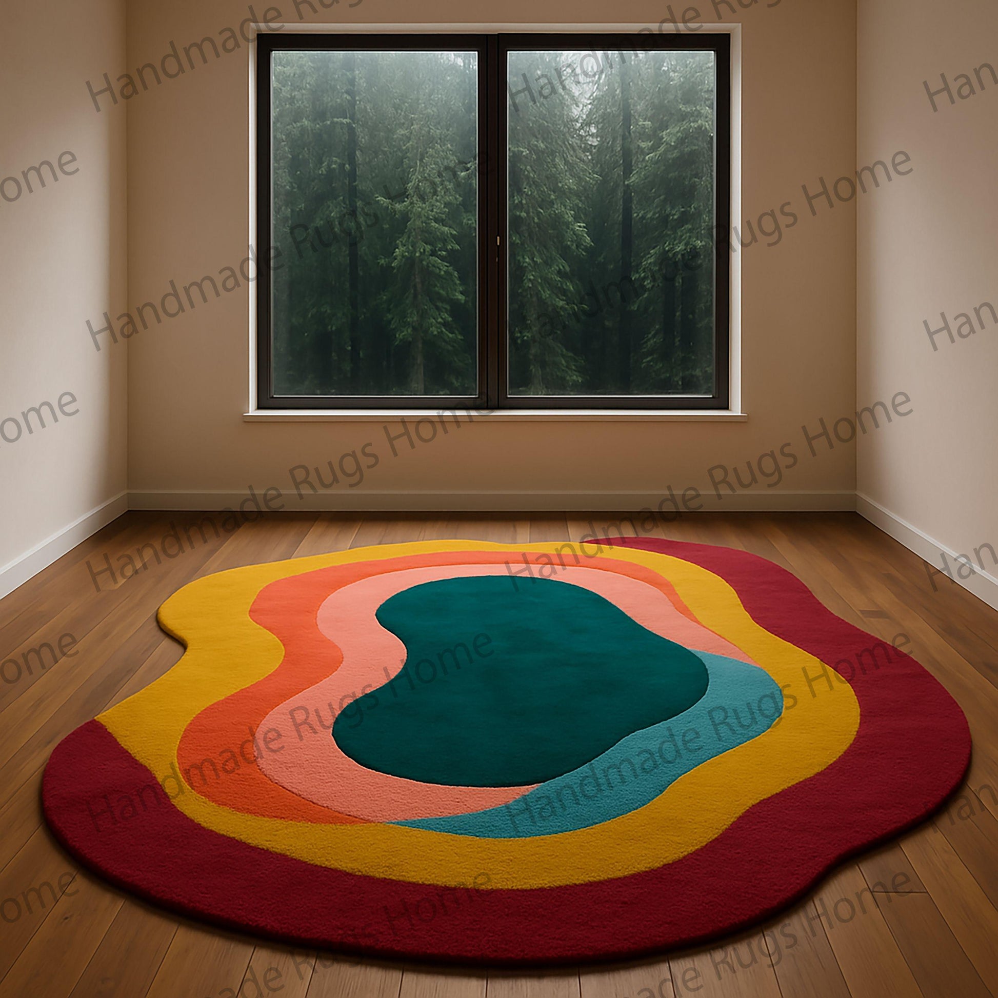 A stylish hand-tufted wool rug featuring an abstract organic shape with rich colors including emerald green, peach, burnt orange, mustard yellow, and crimson red, placed in a modern interior with a serene forest view.