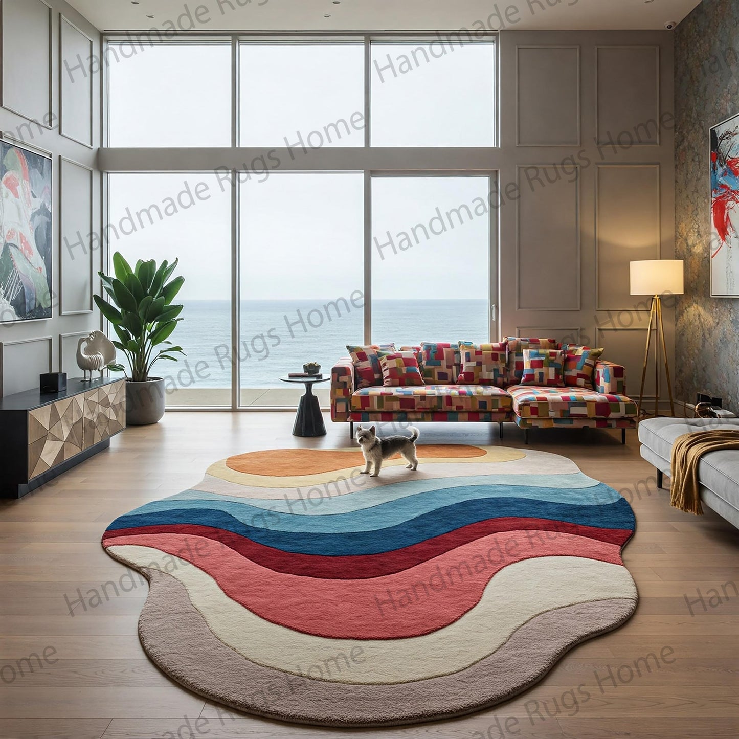 Hand-tufted wool rug with ocean wave design