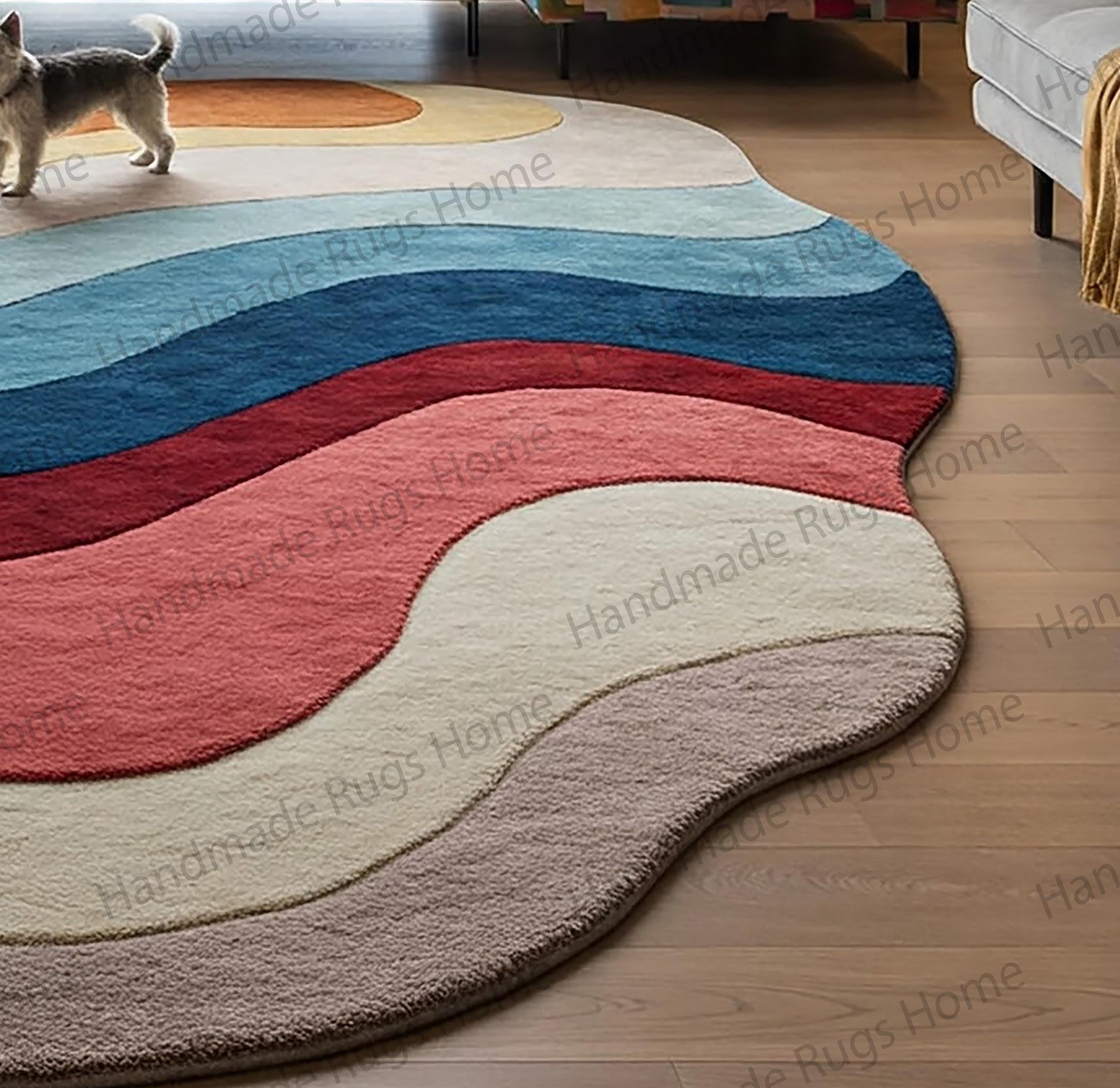 High-end artisan rug in blue, red, and beige tones