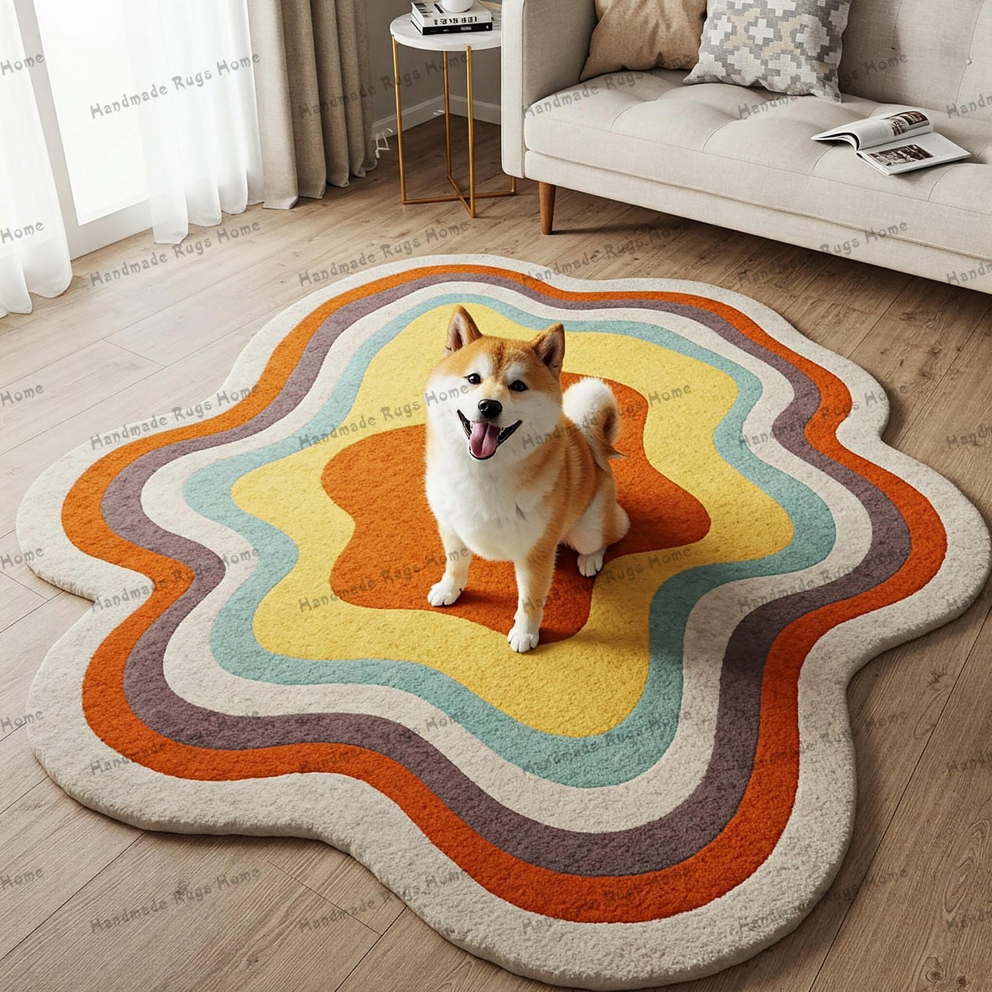 A Shiba Inu dog sitting on a colorful wavy rug in a modern living room.