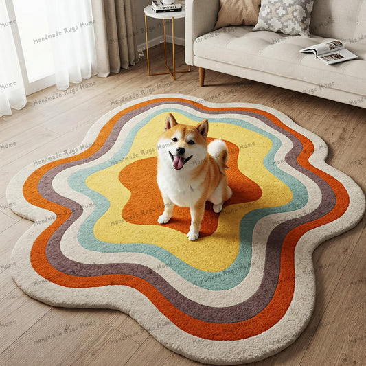A Shiba Inu dog sitting on a colorful wavy rug in a modern living room.