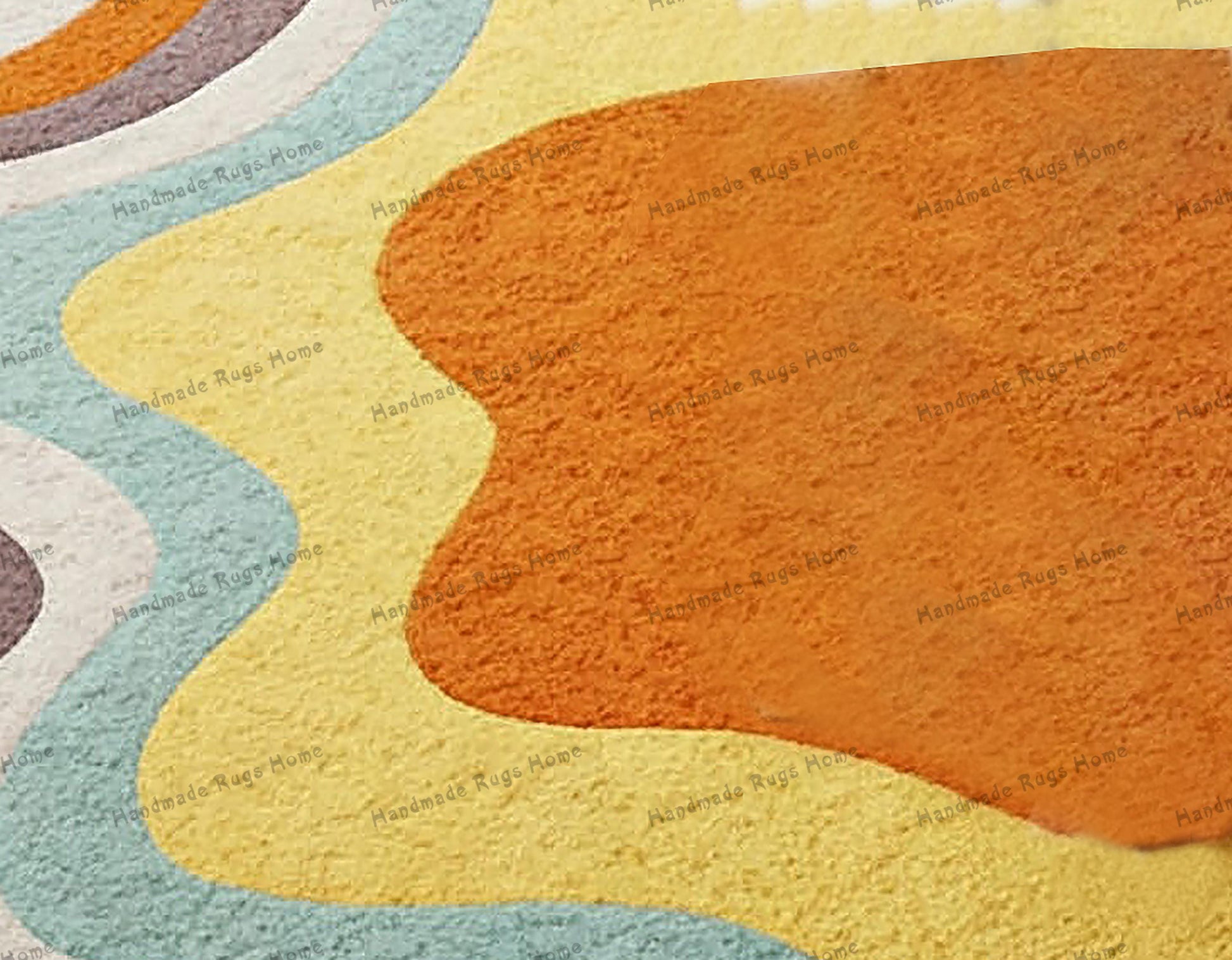 Wavy pattern rug in warm tones with a happy dog sitting in the center.
