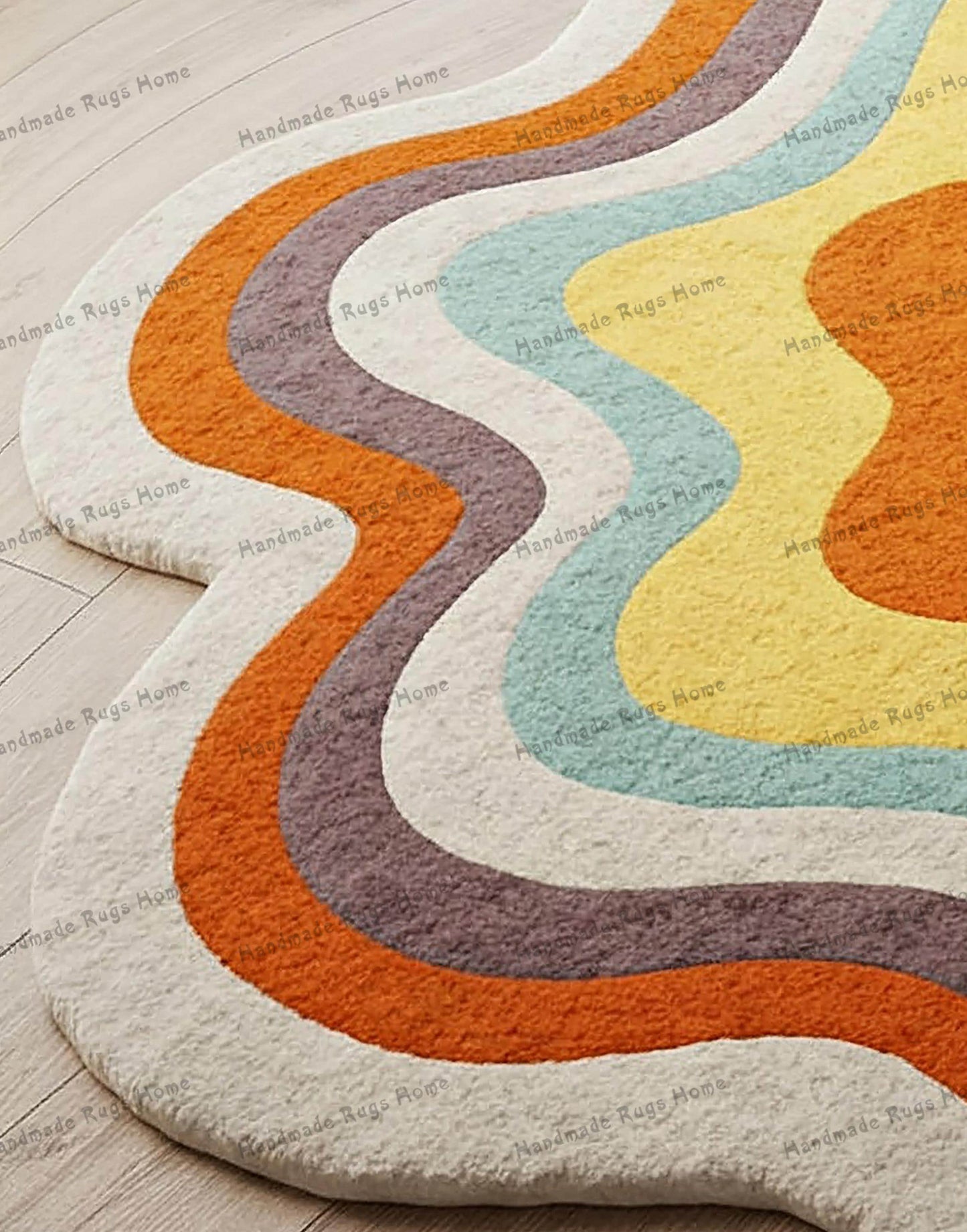 Bright and colorful rug with a dog sitting happily in a stylish living room.