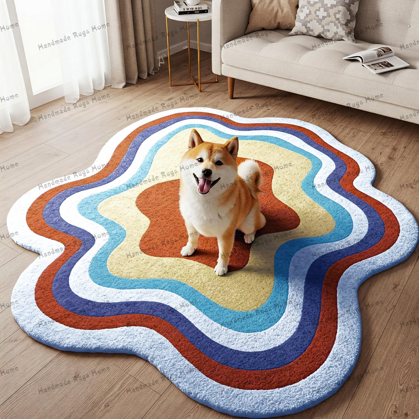 Wavy multicolor rug with a handmade touch, showcased in a minimalist living room.