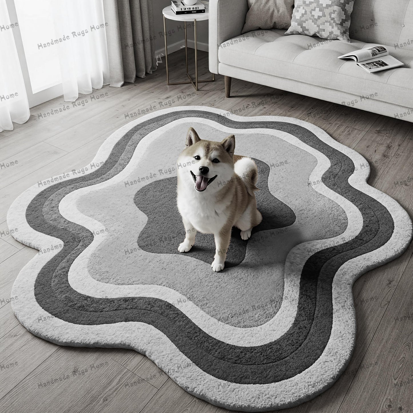 Stylish handmade rug with bold wavy designs and vibrant retro-inspired colors.