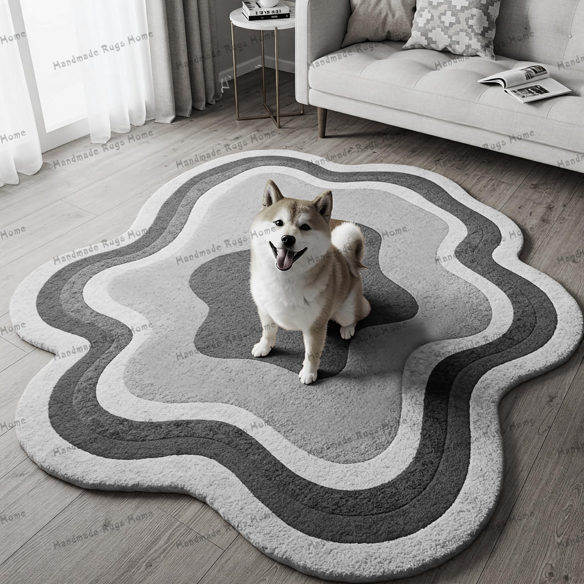Stylish handmade rug with bold wavy designs and vibrant retro-inspired colors.