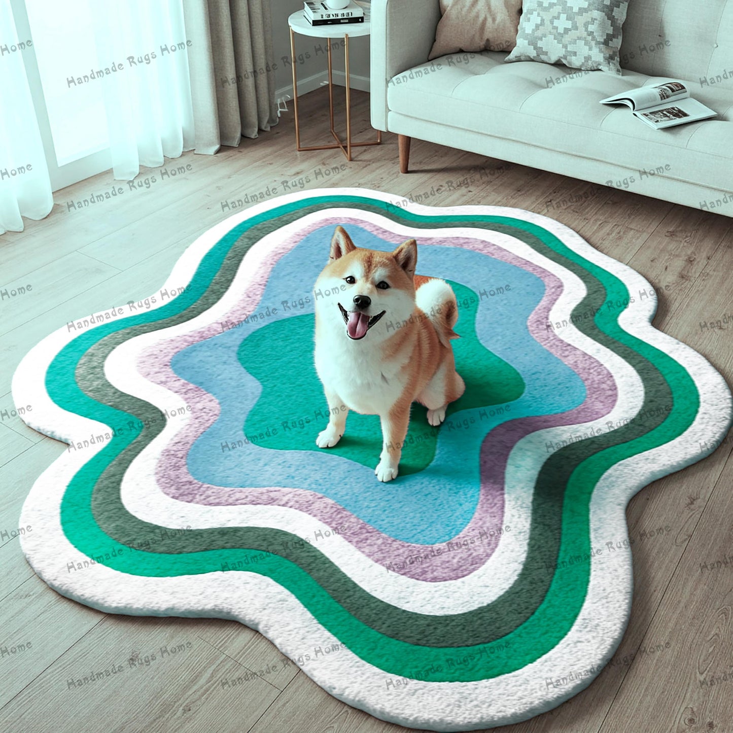 Unique wavy rug with cheerful dog demonstrating its size and soft texture.