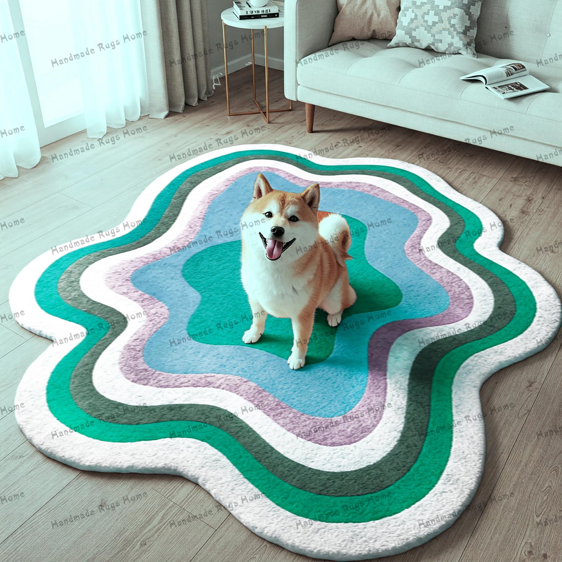 Unique wavy rug with cheerful dog demonstrating its size and soft texture.