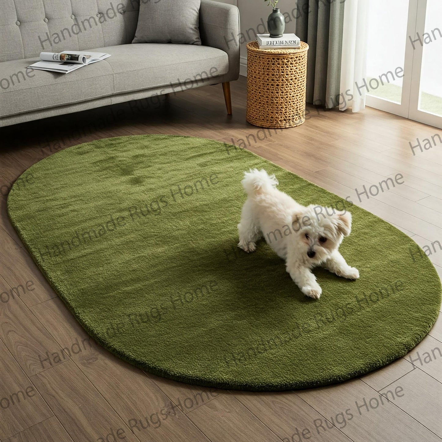 Olive green hand-tufted wool rug in a modern living room with a cozy ambiance.