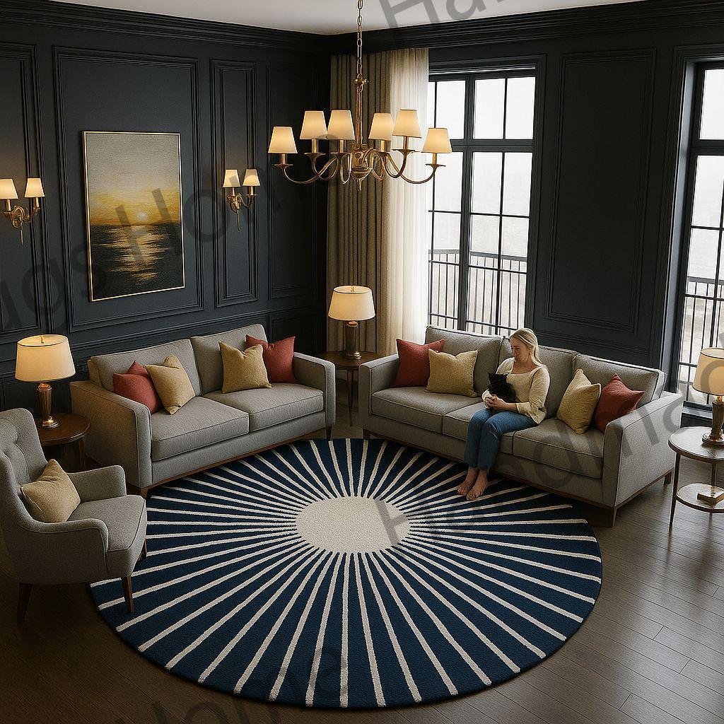 Hand-Tufted Wool Rug: Radiant Midnight Sun Geometric Design