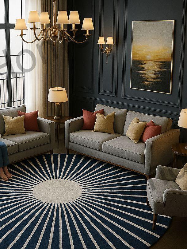 Hand-Tufted Wool Rug: Radiant Midnight Sun Geometric Design