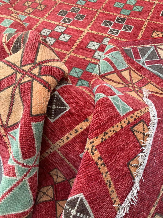 Hand-Knotted Wool Kilim Rug Red Geometric