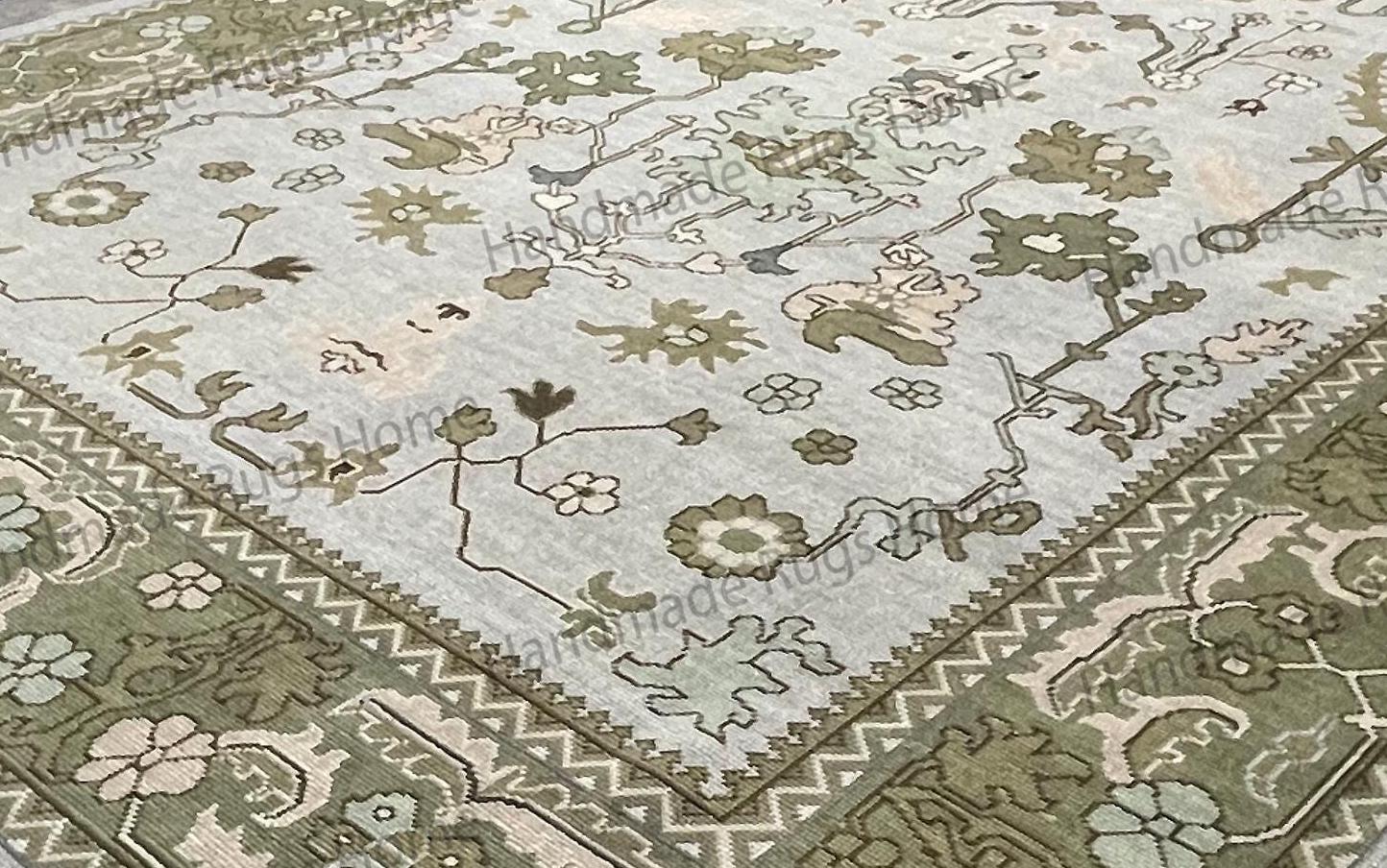Hand Knotted Oushak Rug: Vintage Transitional Style