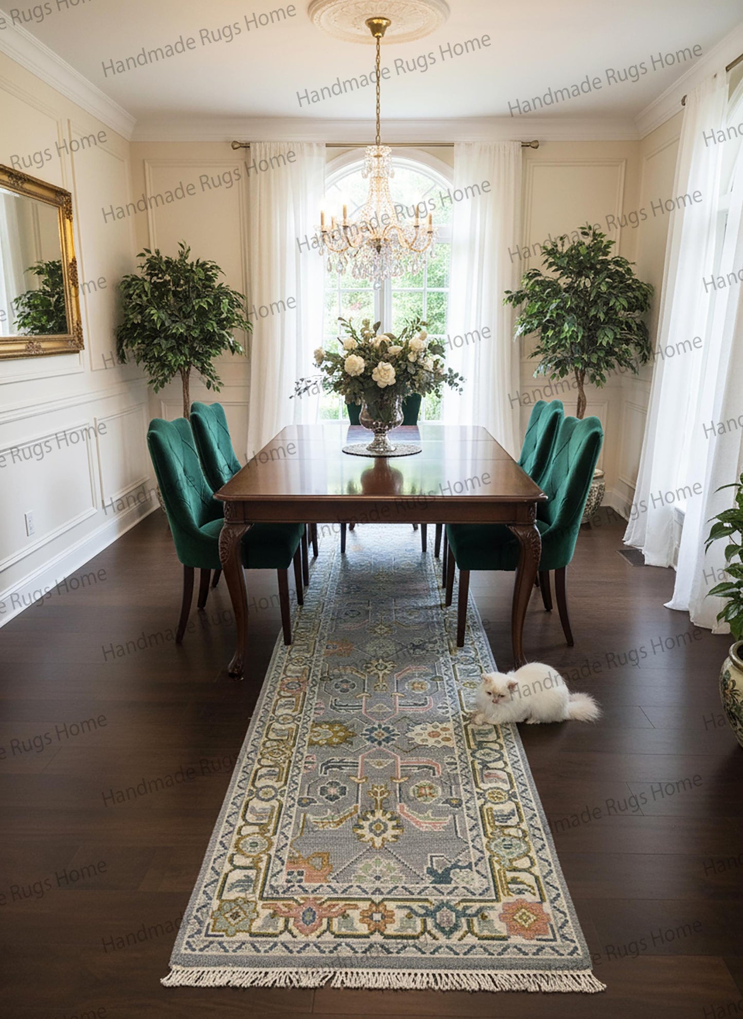 Hand Knotted Wool Oushak Runner Rug | Turkish Floral Design