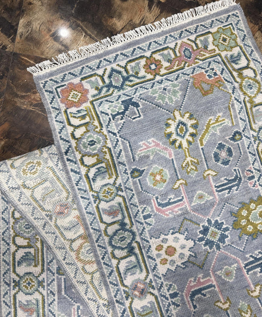 Hand Knotted Wool Oushak Runner Rug | Turkish Floral Design