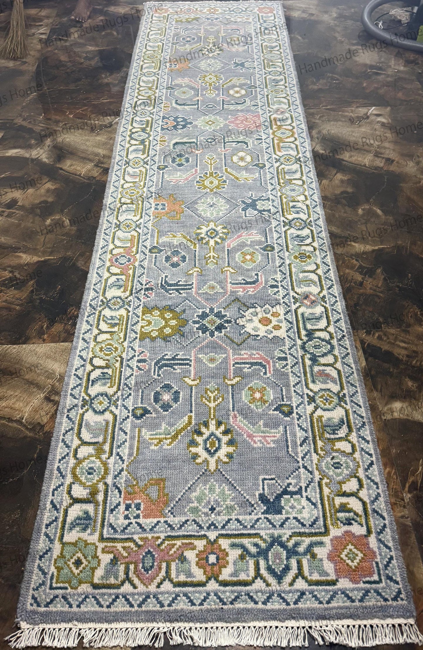 Hand Knotted Wool Oushak Runner Rug | Turkish Floral Design