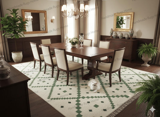 Wool Dhurrie Rug, Handwoven Lattice Flatweave, Ivory & Green Scalloped Edge