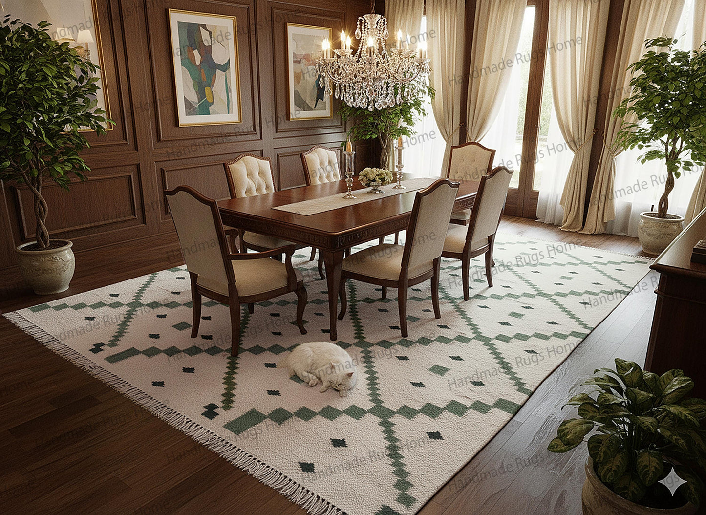 Wool Dhurrie Rug, Handwoven Lattice Flatweave, Ivory & Green Scalloped Edge