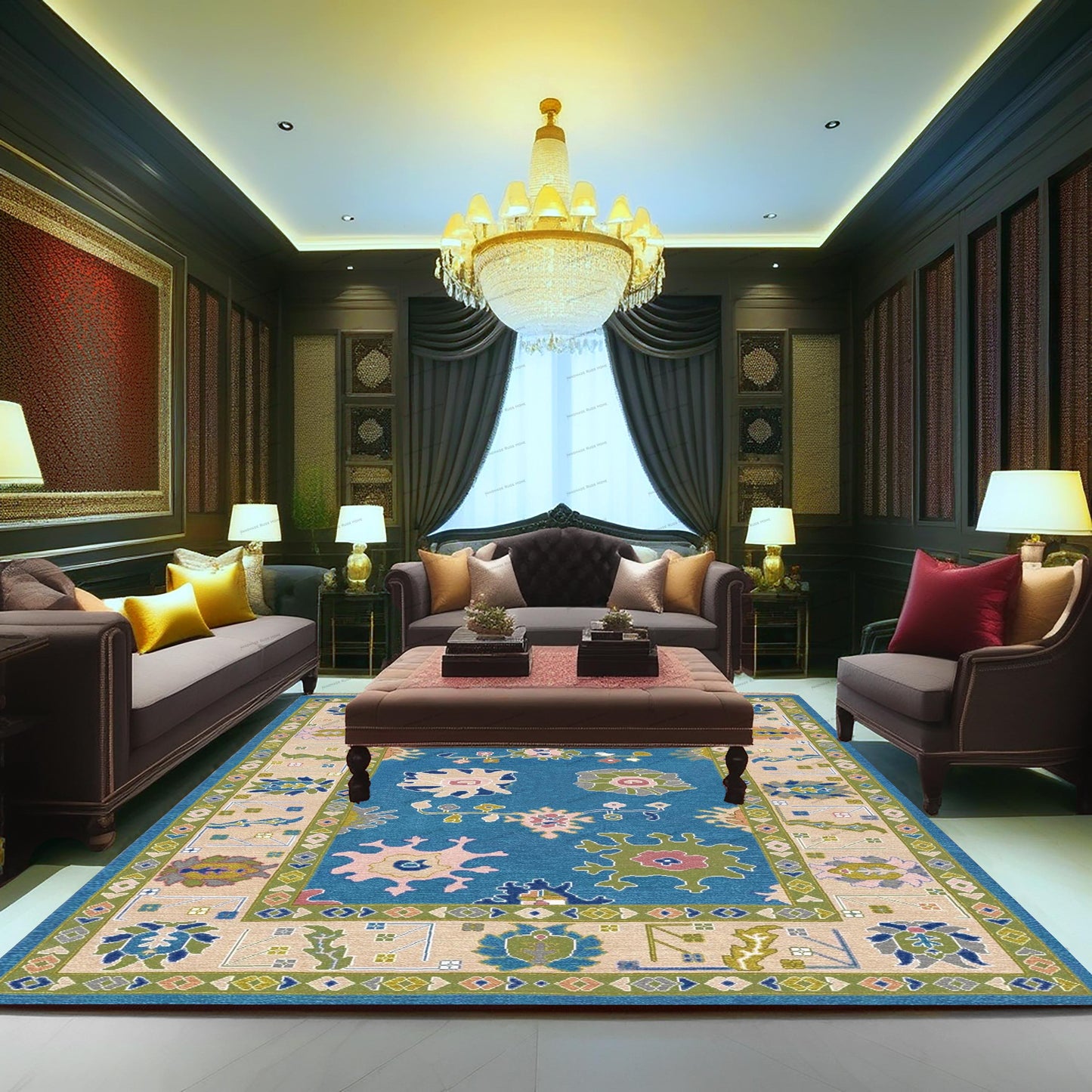 Hand-knotted blue and multi-color wool rug with an abstract floral pattern in a luxurious living room.