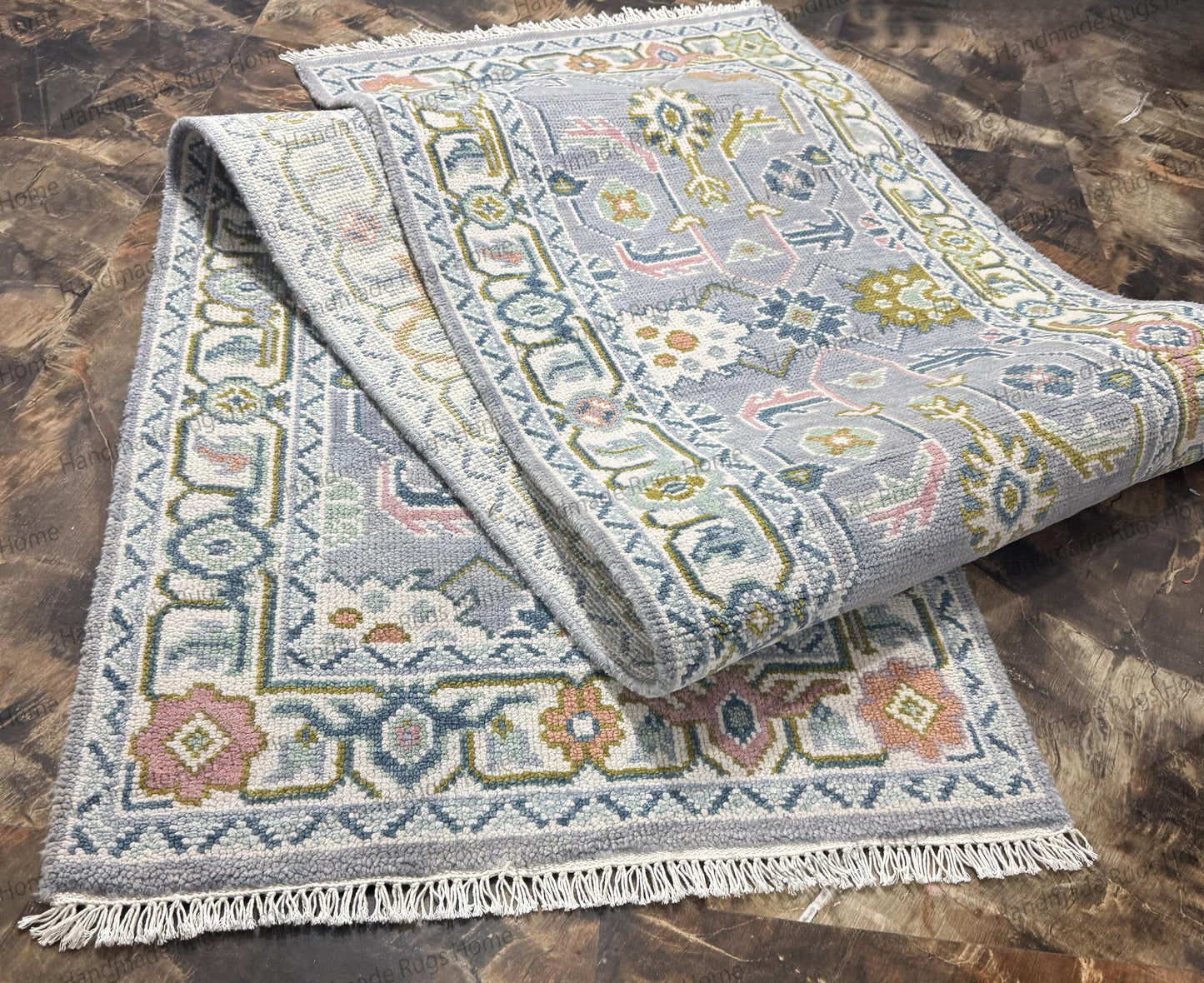 Hand Knotted Wool Oushak Runner Rug | Turkish Floral Design