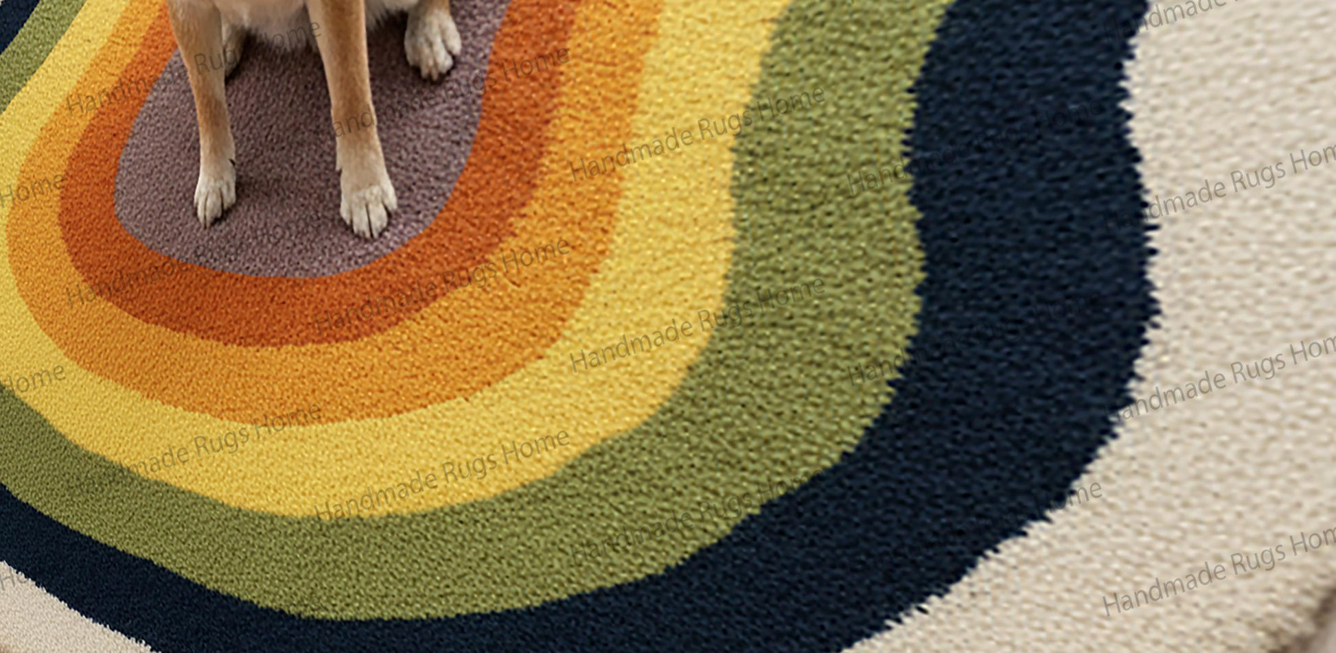 Wavy Retro Rainbow hand-tufted rug on light wood floor with sofa.