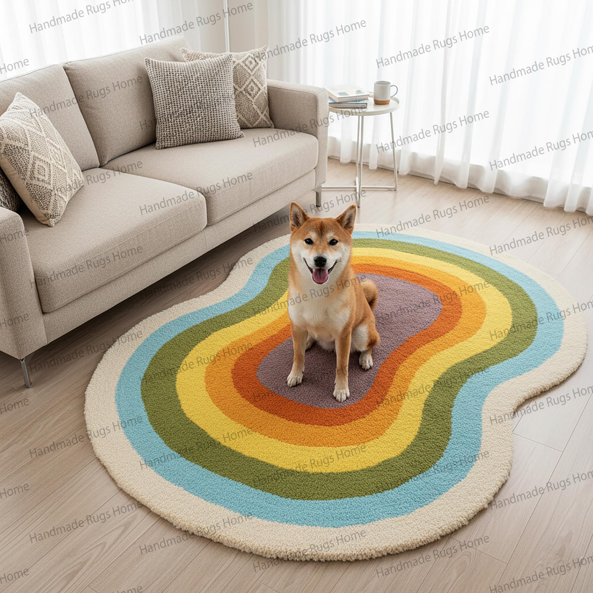 Hand-tufted wool rug in wavy rainbow pattern with Shiba Inu dog.