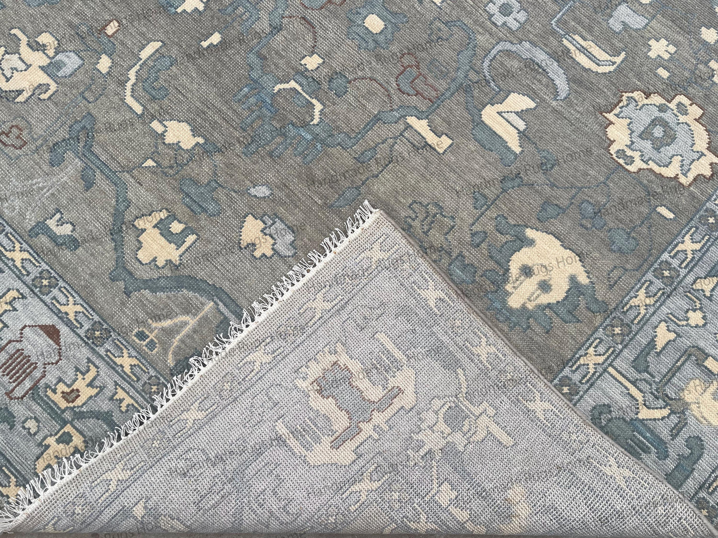 Distressed style grey and ivory Oushak rug with vintage finish