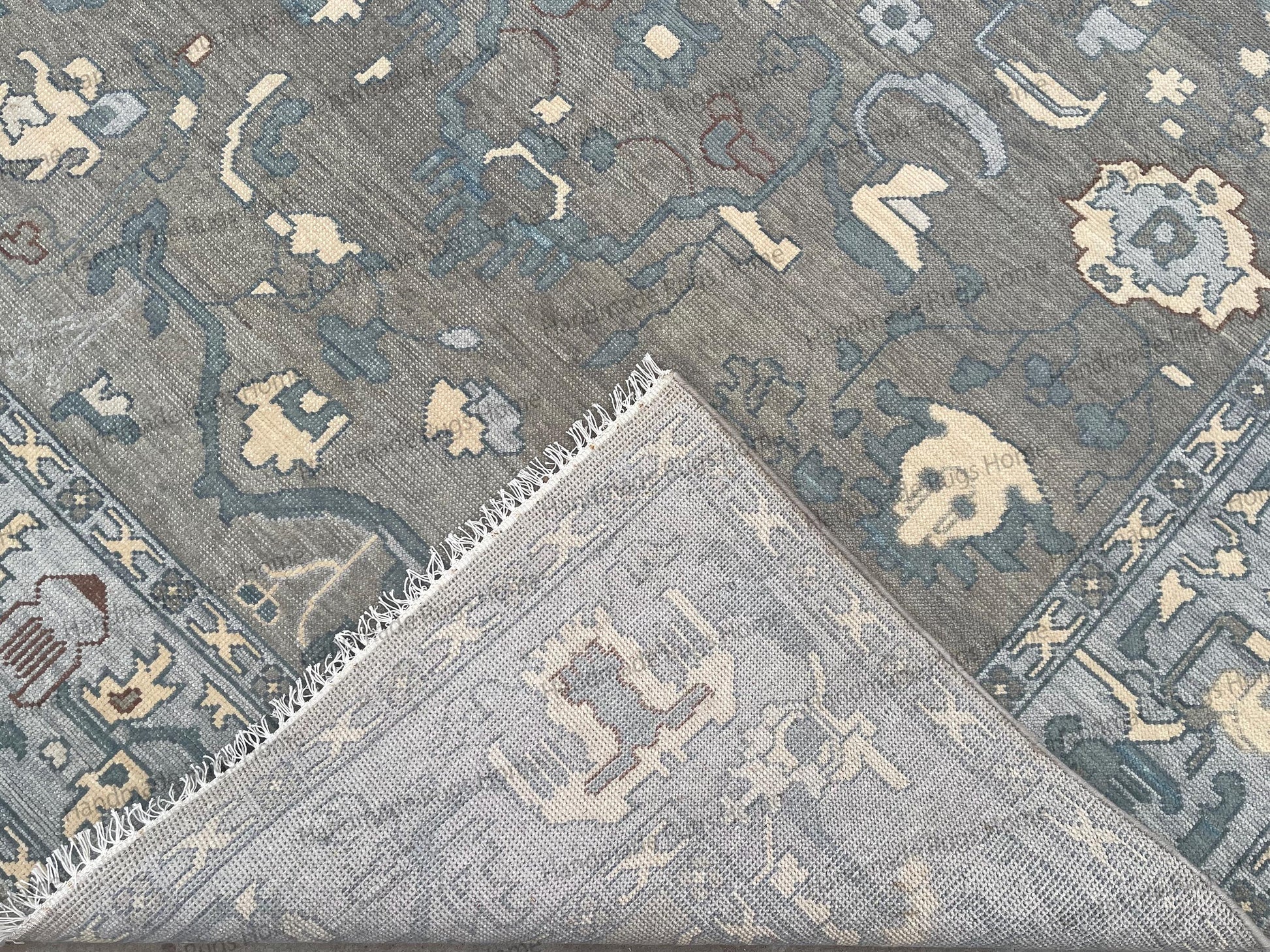 Distressed style grey and ivory Oushak rug with vintage finish