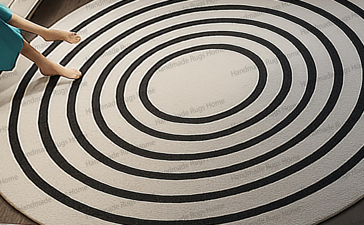 Hand Tufted Wool Round Rug: Black and White Modern Carpet