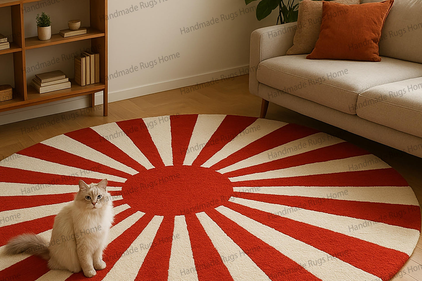 Hand Tufted Wool Round Rug, Red Sunburst Design