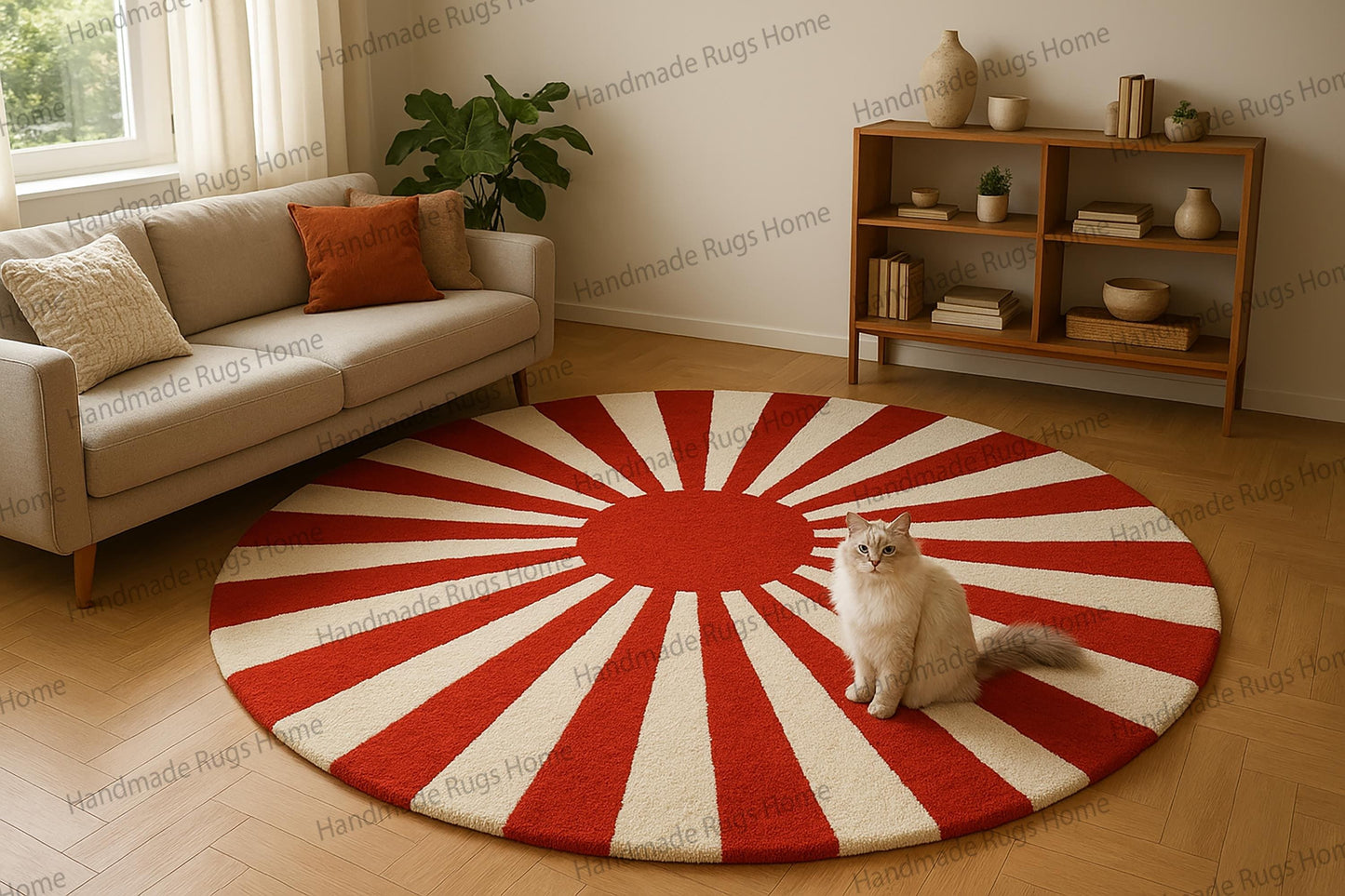 Hand Tufted Wool Round Rug, Red Sunburst Design