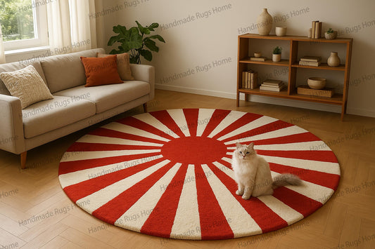 Hand Tufted Wool Round Rug, Red Sunburst Design