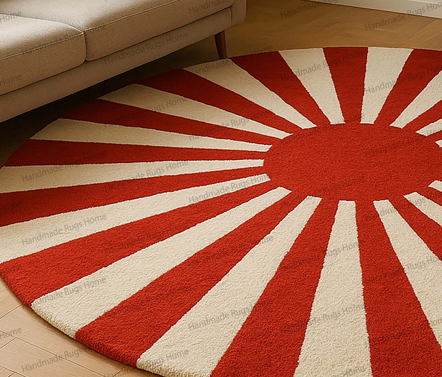 Hand Tufted Wool Round Rug, Red Sunburst Design