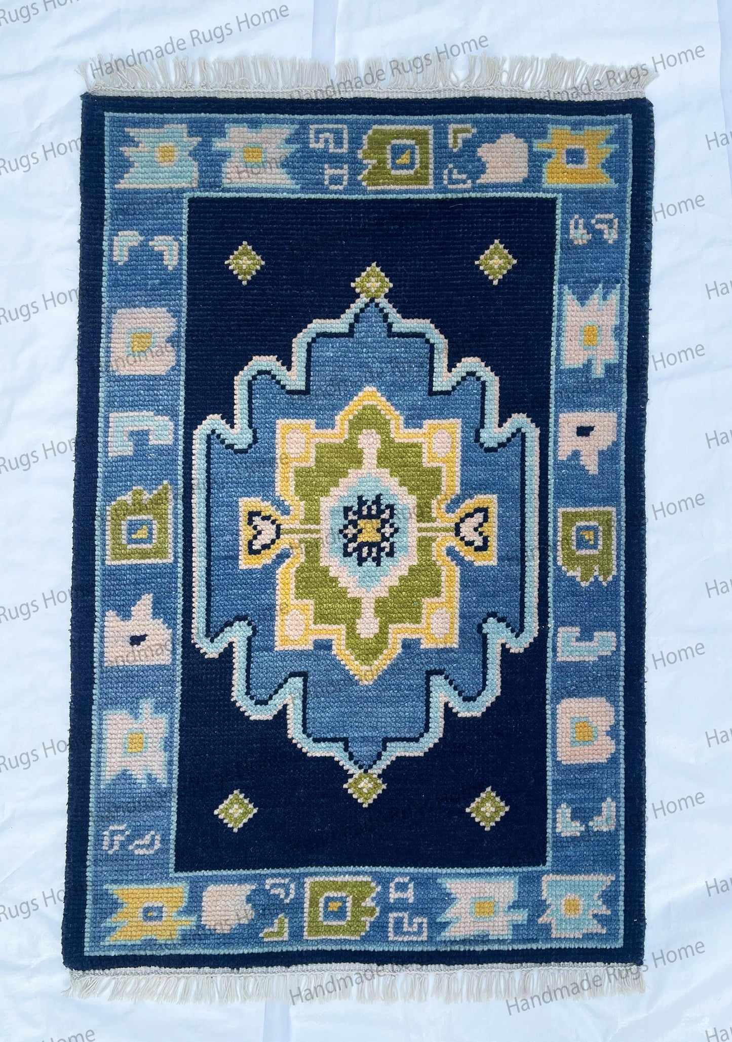 Hand Knotted Wool Runner Rug – Vintage Geometric Floral Muted Blue Carpet