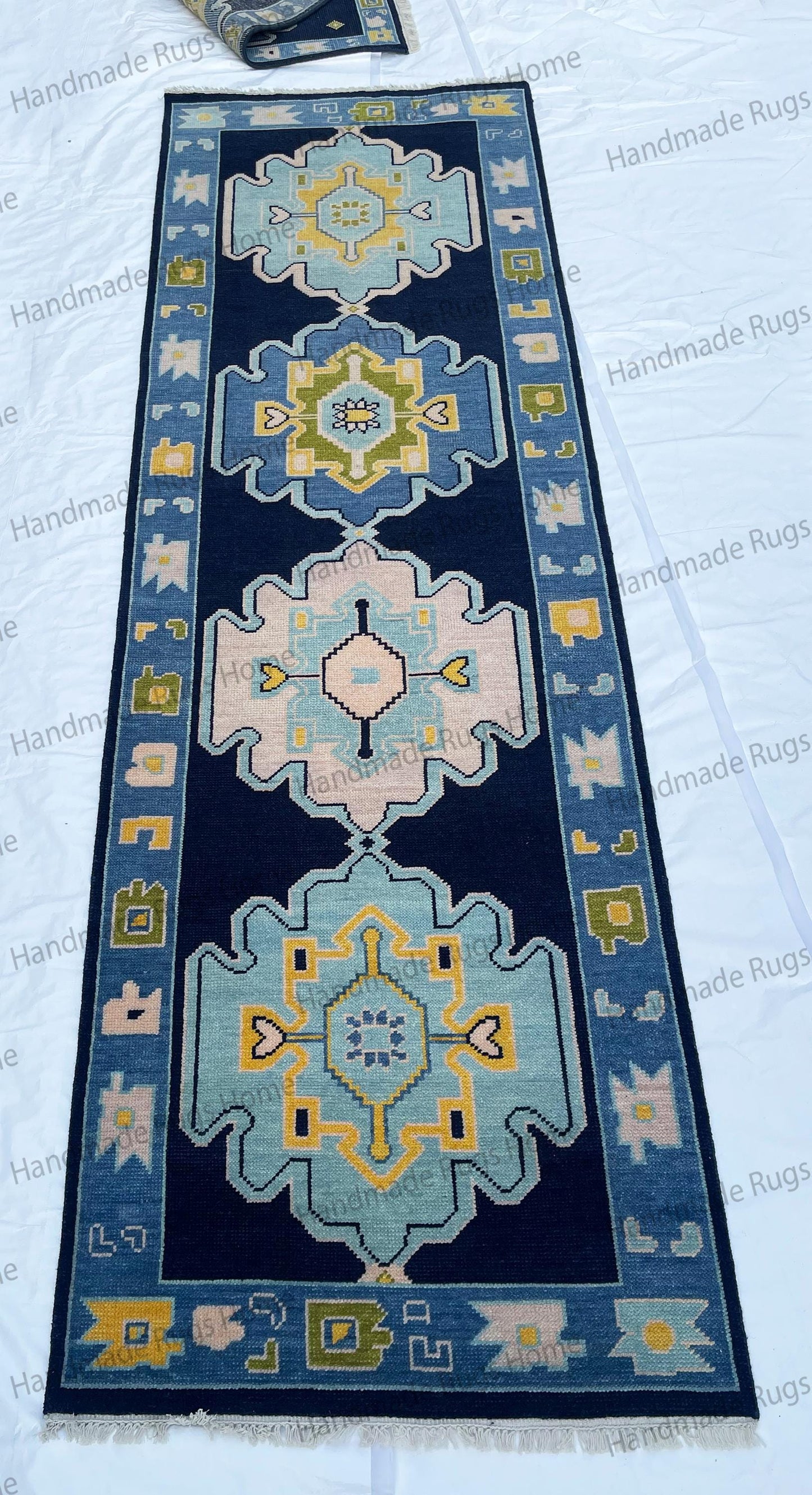 Hand Knotted Wool Runner Rug – Vintage Geometric Floral Muted Blue Carpet