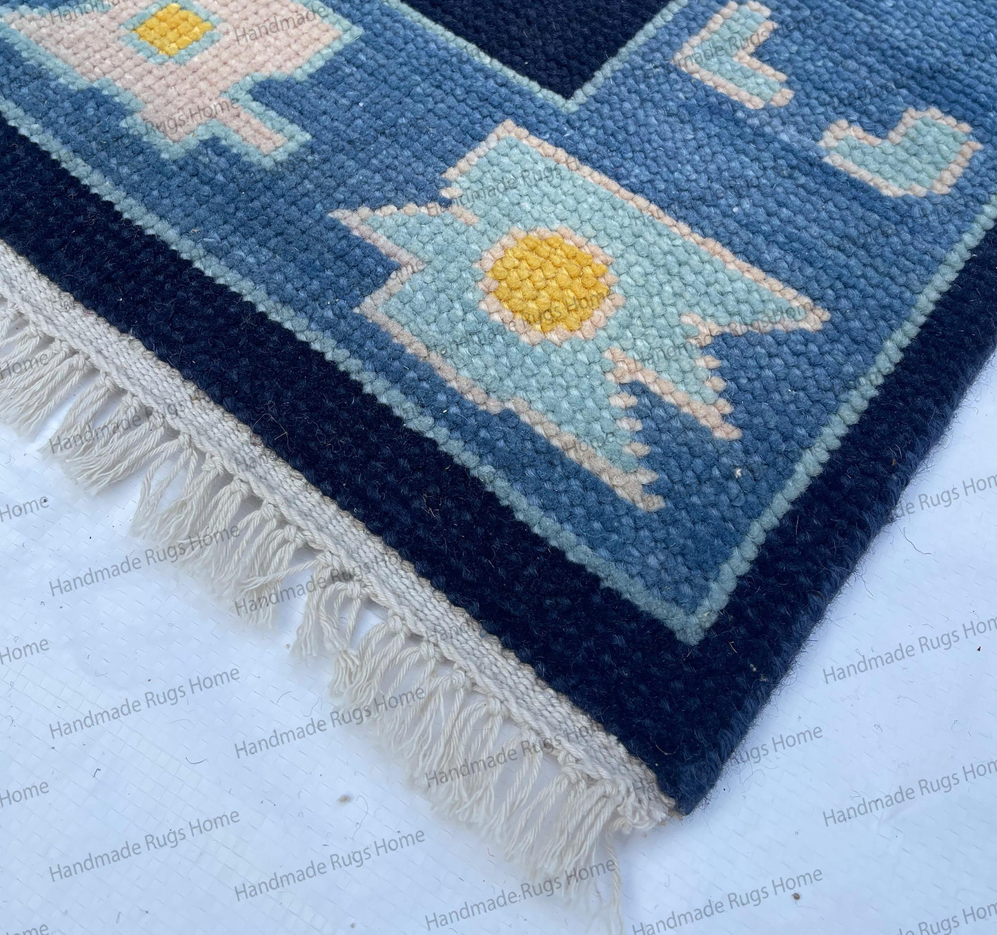 Hand Knotted Wool Runner Rug – Vintage Geometric Floral Muted Blue Carpet