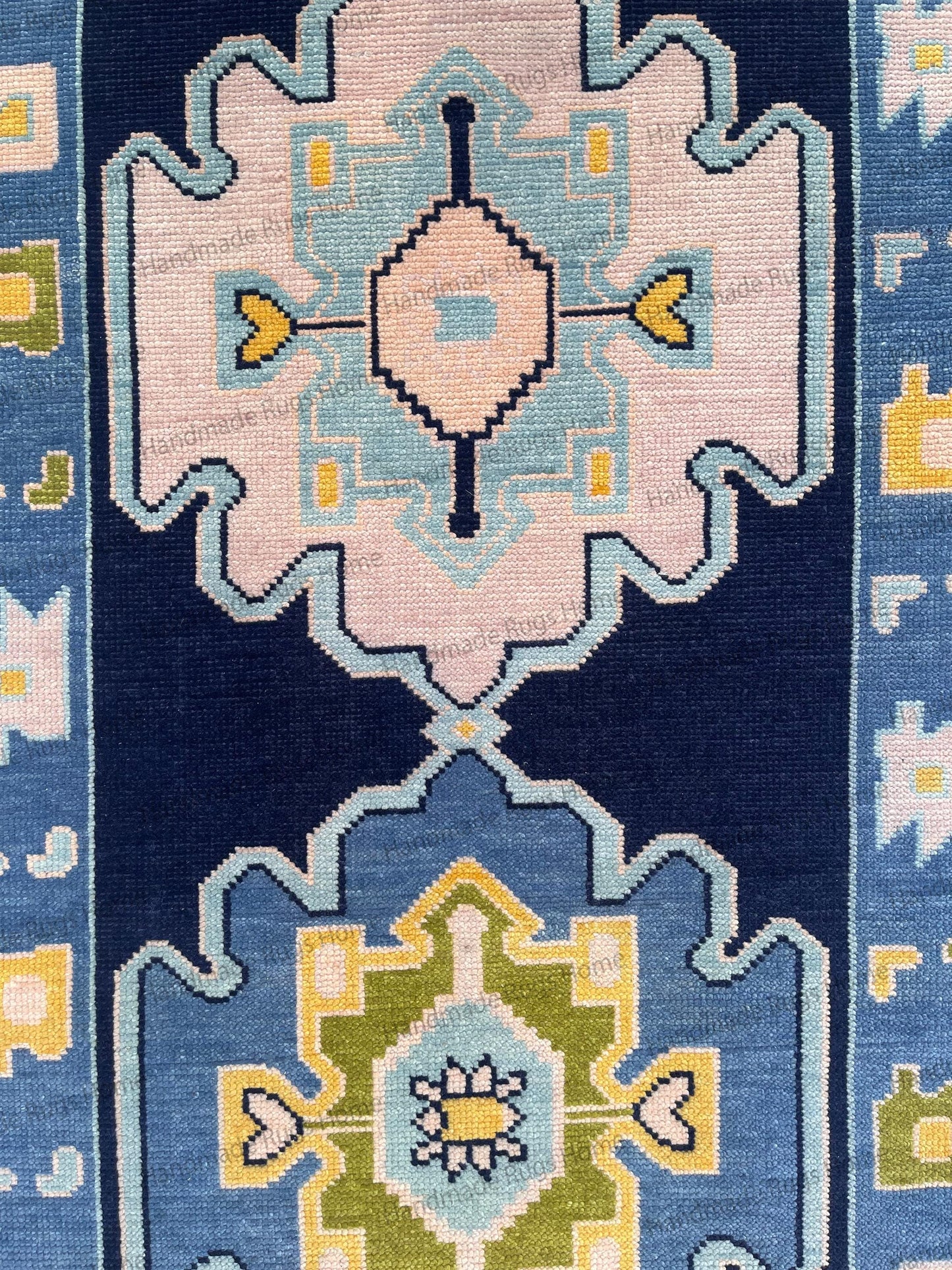 Hand Knotted Wool Runner Rug – Vintage Geometric Floral Muted Blue Carpet