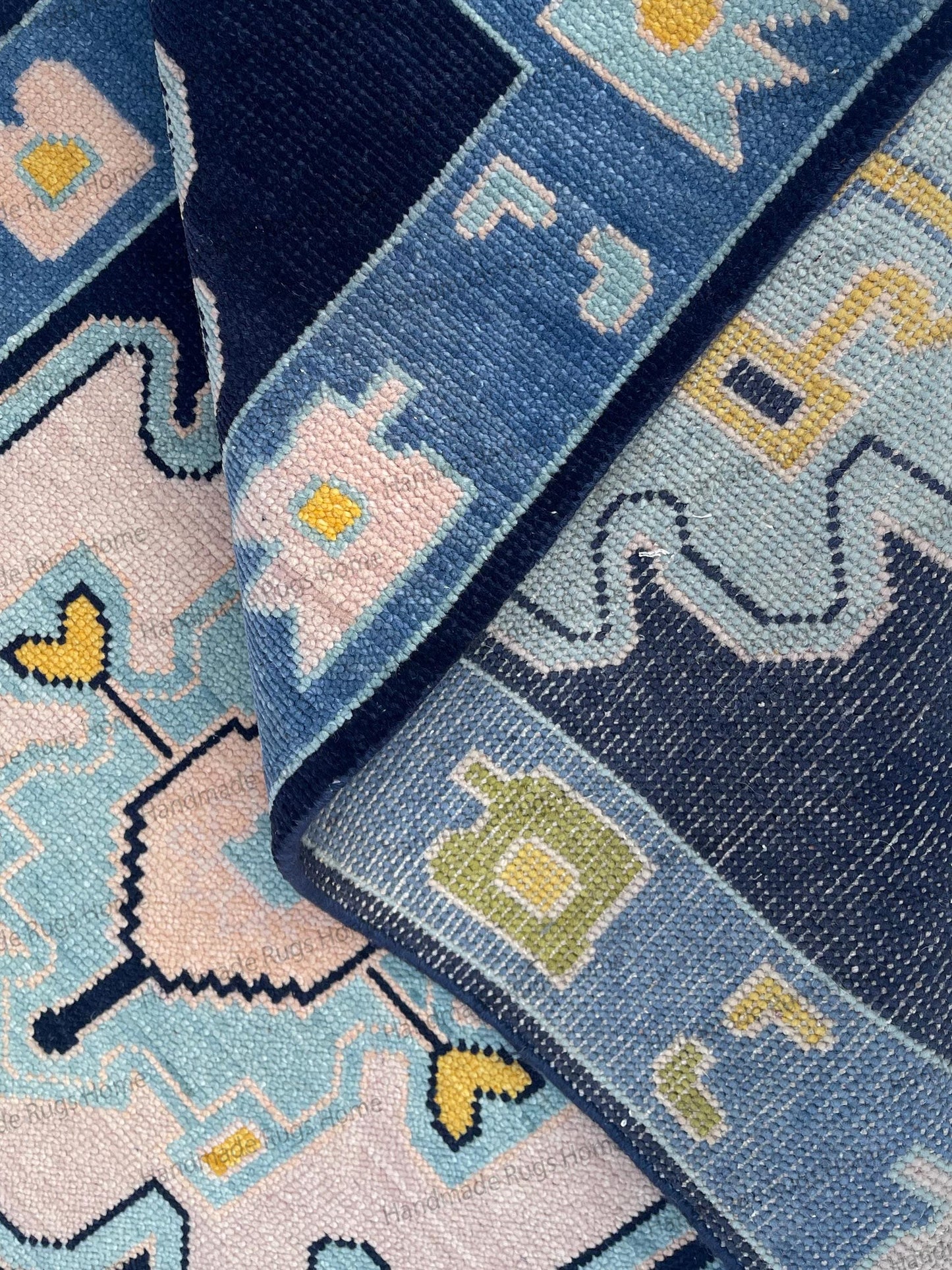 Hand Knotted Wool Runner Rug – Vintage Geometric Floral Muted Blue Carpet