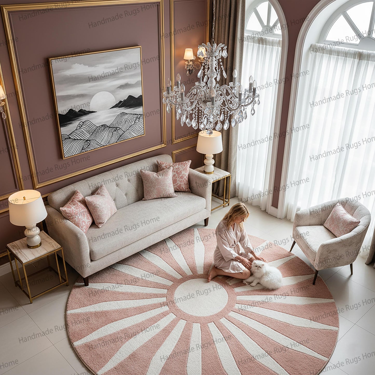 Hand Tufted Wool Rug – Blush Pink Cream Sunburst, Round Carpet